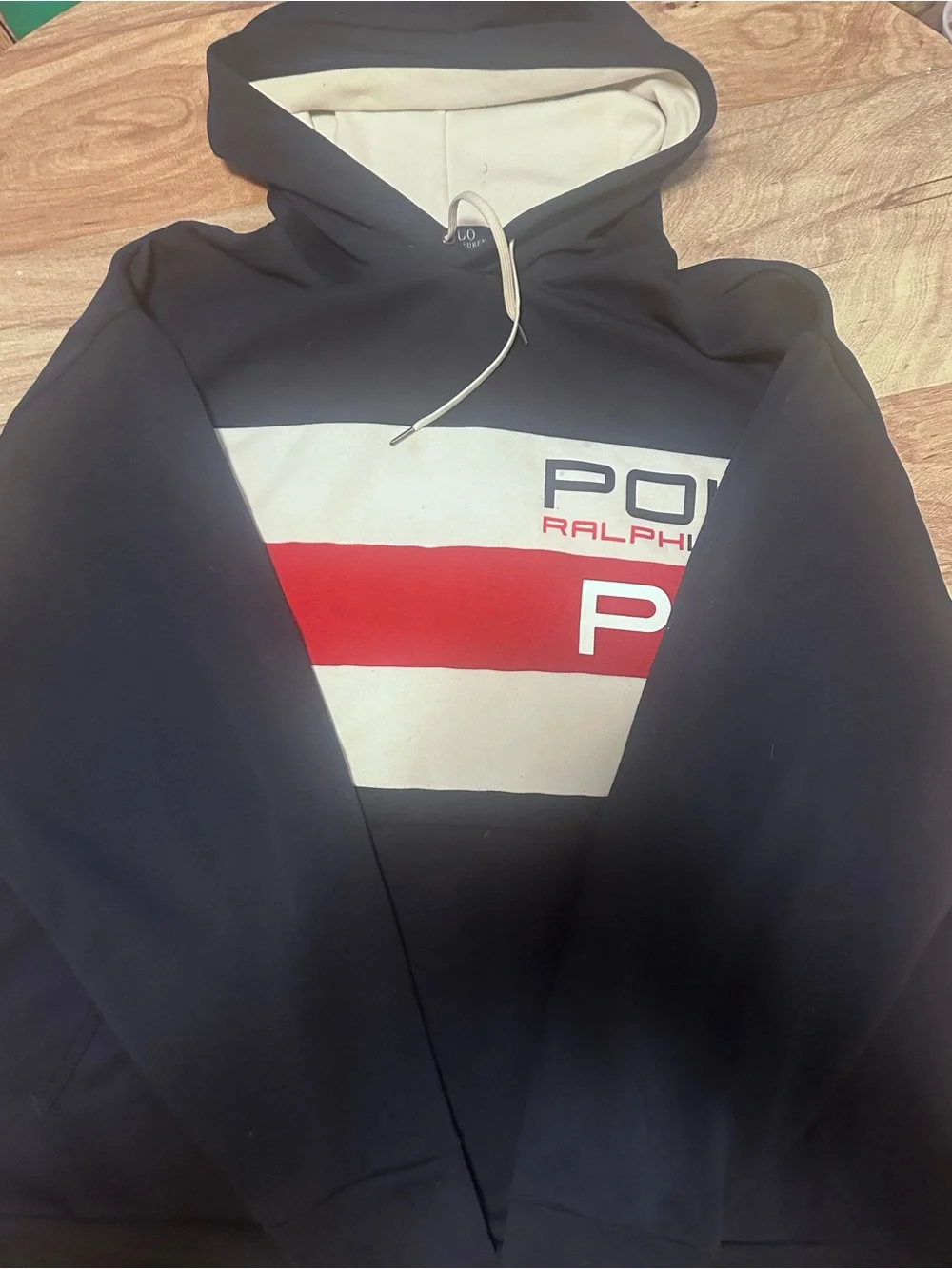 Polo by Ralph Lauren Black Hoodie with Red and Cream Stripe